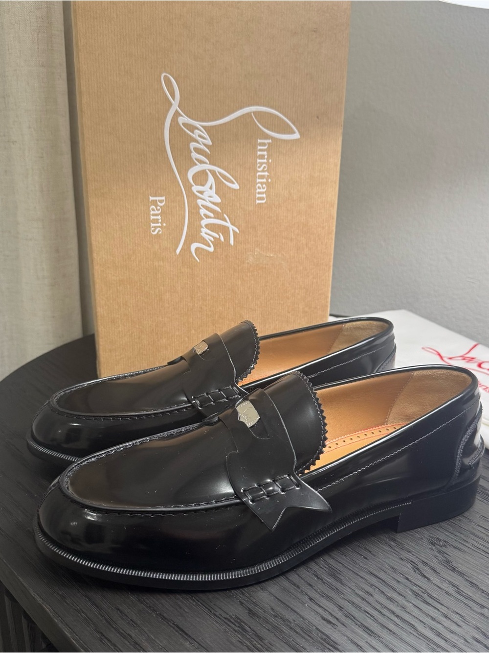 Christian Louboutin Penny Loafers Dress Shoes Leather Black 42